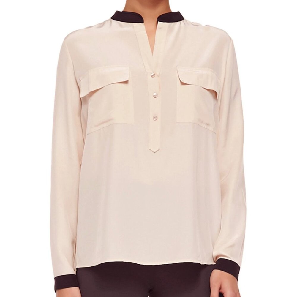 {Vince} Contrast Trim Buff Silk Blouse | Black + Cream ~ Size 2